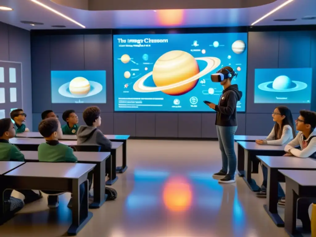 Aula del futuro: Exploración del sistema solar en realidad virtual Salón de clases futurista con hologramas y tecnología interactiva