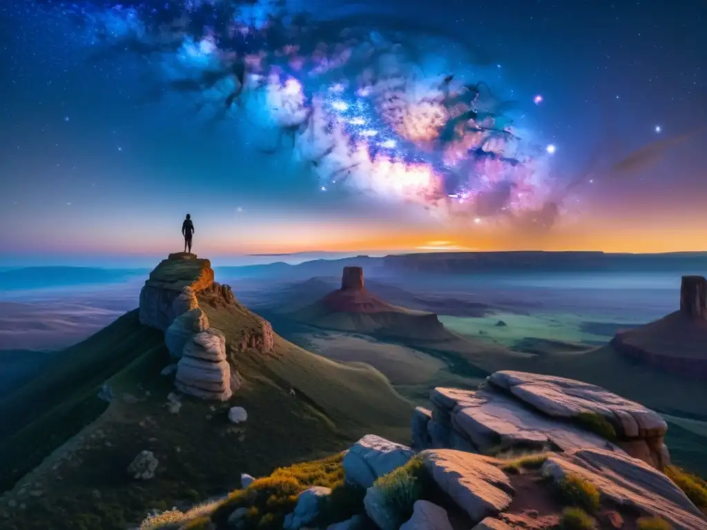 El conjuro del solitario: magia y maravilla en el acantilado Un ser solitario en el borde de un acantilado, con galaxias y nebulosas en el cielo