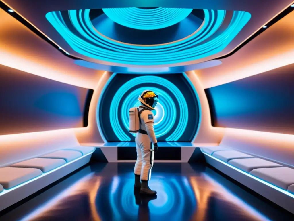Simulador de Viaje Interdimensional Futurista en 8k Simulaciones de viajes interdimensionales prácticas: simulador futurista con científicos en trajes espaciales y energía pulsante en una cámara central