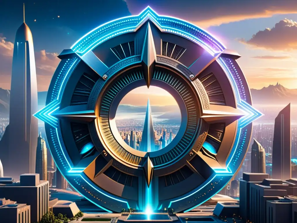 Stargate interdimensional: Ciudad futurista y viajes alienígenas Un stargate brillante se alza en una ciudad futurista, rodeado de rascacielos y naves espaciales