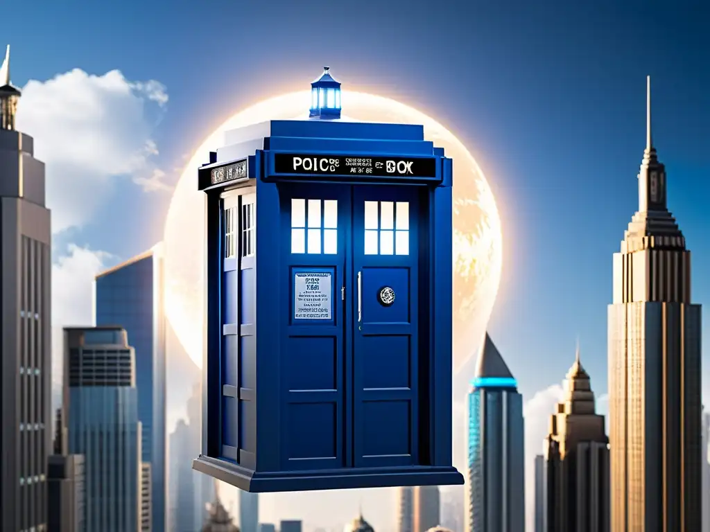 La TARDIS aterriza en la metrópolis futurista El TARDIS aparece en una ciudad futurista, evocando aventura y misterio