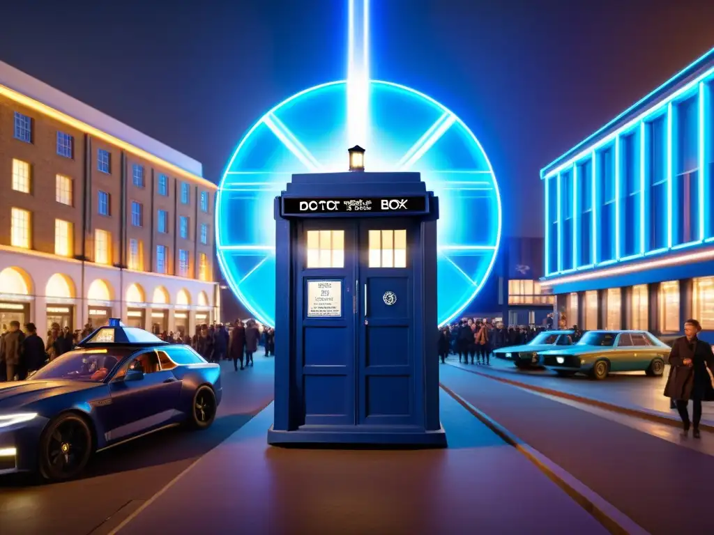 La TARDIS en la ciudad del futuro: un viaje a la aventura en el tiempo La TARDIS de Doctor Who en una bulliciosa ciudad futurista, con un aire de maravilla y aventura
