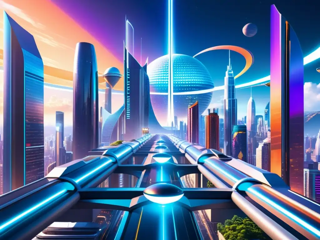 Metrópolis futurista: ciencia ficción y dimensiones Turismo interdimensional: una ciudad futurista vibrante con rascacielos, vehículos voladores y portales de colores