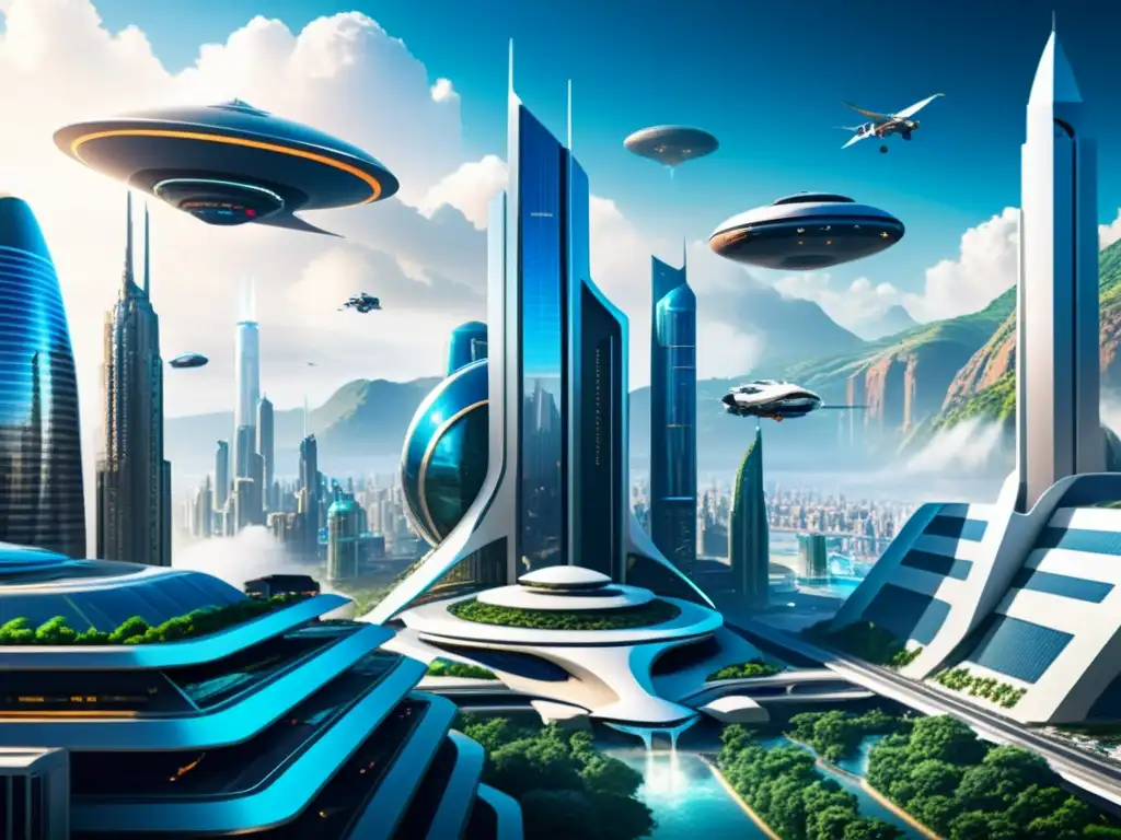 Metrópolis futurista: tecnología avanzada y viajes interdimensionales Turismo interdimensional: ciudad futurista con rascacielos y vehículos voladores, deslumbrante y éticamente cuestionable