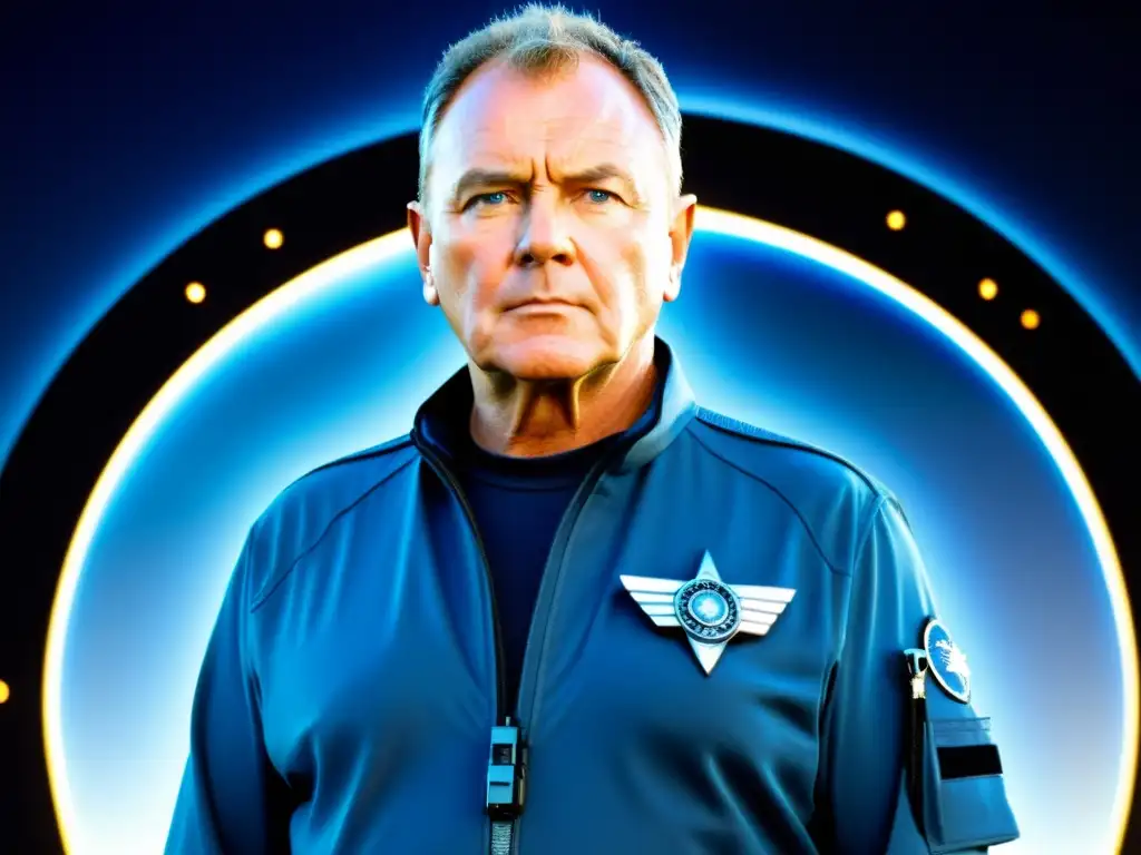 Comandante Jack O'Neill en el Stargate: líder decidido Jack O'Neill, con uniforme SG1 y arma staff, frente al Stargate con determinación