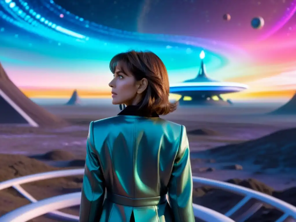 Sarah Jane Smith: Protectora del Universo en un Paisaje Alienígena Sarah Jane Smith protectora del universo de Doctor Who, de pie en un paisaje alienígena futurista, lista para enfrentar desafíos cósmicos