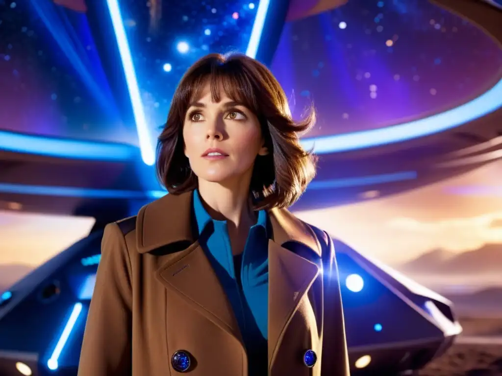 Sarah Jane Smith: protectora galáctica Sarah Jane Smith protectora del universo, frente a una nave espacial futurista, su abrigo marrón ondea al viento, con determinación en su mirada