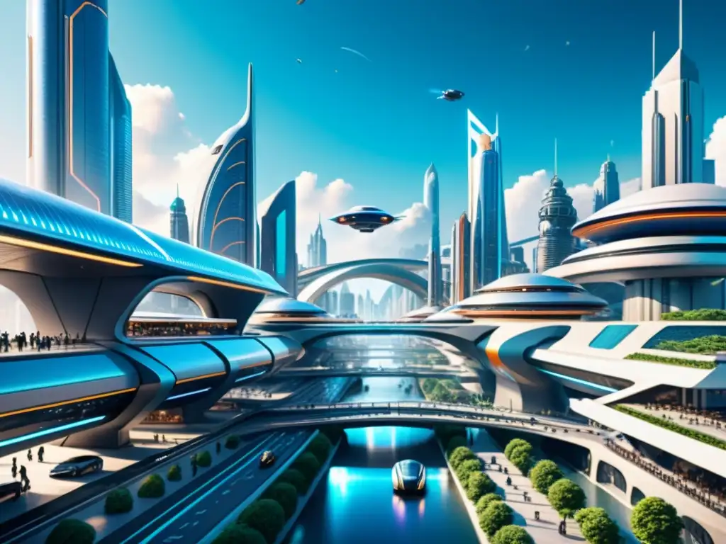 Metrópolis futurista en 8k: ciencia avanzada y estética alienígena En un universo paralelo, una futurista ciudad con humanoides y alienígenas, puentes y hologramas