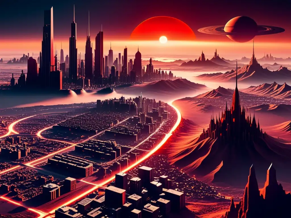 Metrópolis Alienígena: Ciudad 8K en Mundo Extranjero Universo programado por entidades de otra dimensión: una ciudad alienígena con estructuras cristalinas y entidades enigmáticas bajo un sol rojo