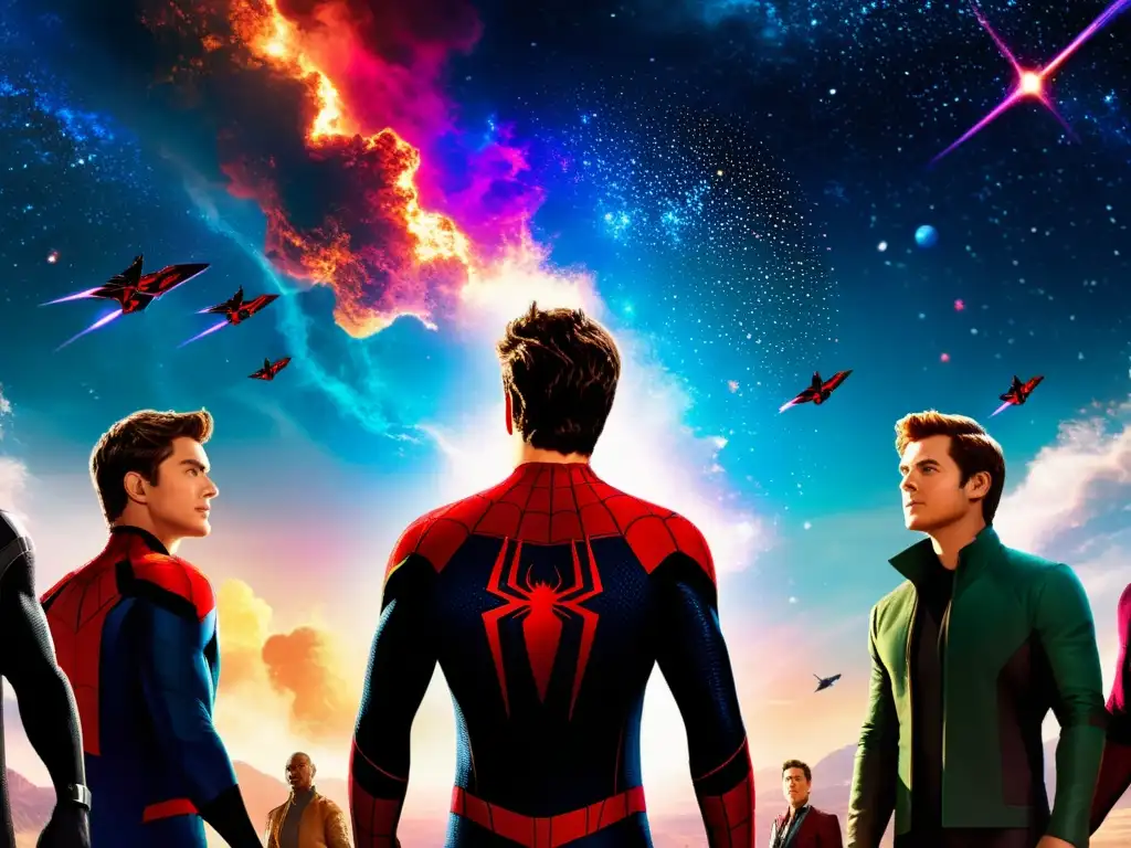 Spider-Men Cósmicos: Unión Multiversal Varios Peter Parker de distintos universos se unen en un paisaje cósmico, evocando la grandeza del Multiverso Marvel