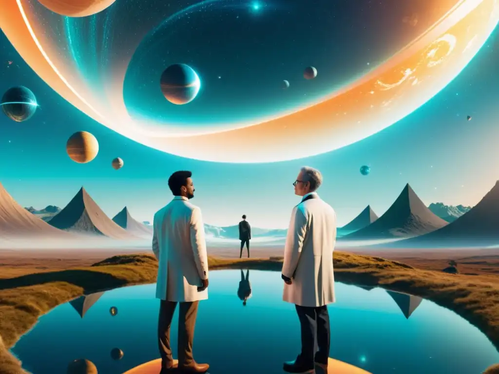 Mundos Paralelos: Portales Iridiscentes y Científicos Curiosos Ilustración de dos universos paralelos conectados por portales iridiscentes, evocando la comunicación entre civilizaciones
