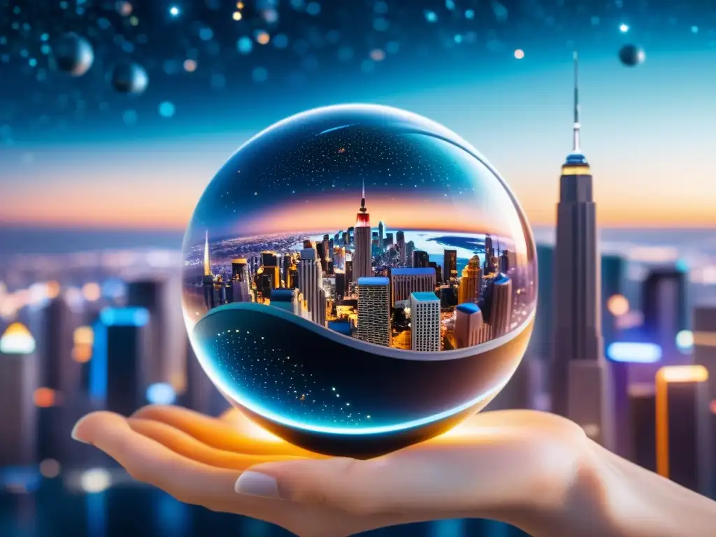 Universos paralelos en miniatura: Una bulliciosa metrópolis futurista en un orbe brillante, rodeada de energía cósmica y estrellas distantes