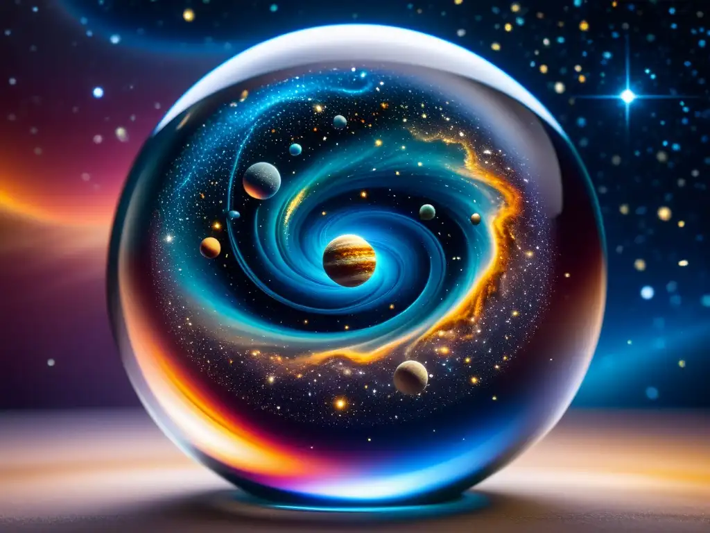 Universos paralelos en miniatura: Esfera de cristal con galaxias, estrellas y nebulosas, evocando asombro por la vastedad del multiverso