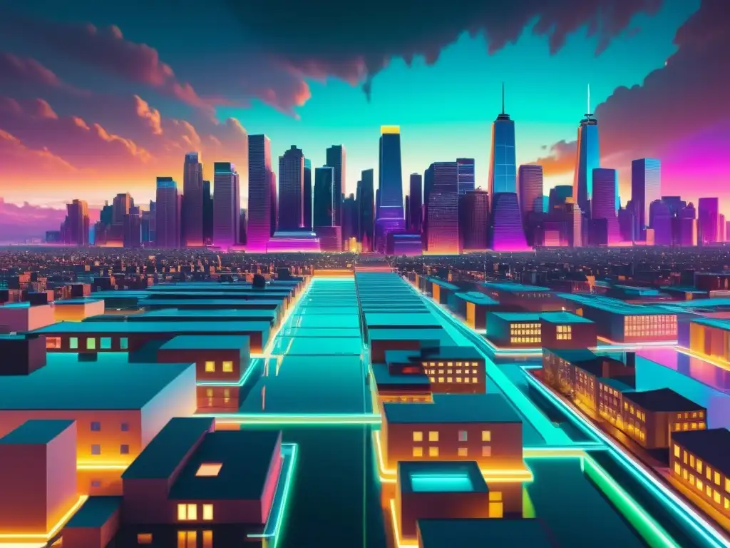 Universos paralelos en 'Paranoia Agent': Arte digital de una ciudad surrealista con capas de realidad y tonos neón