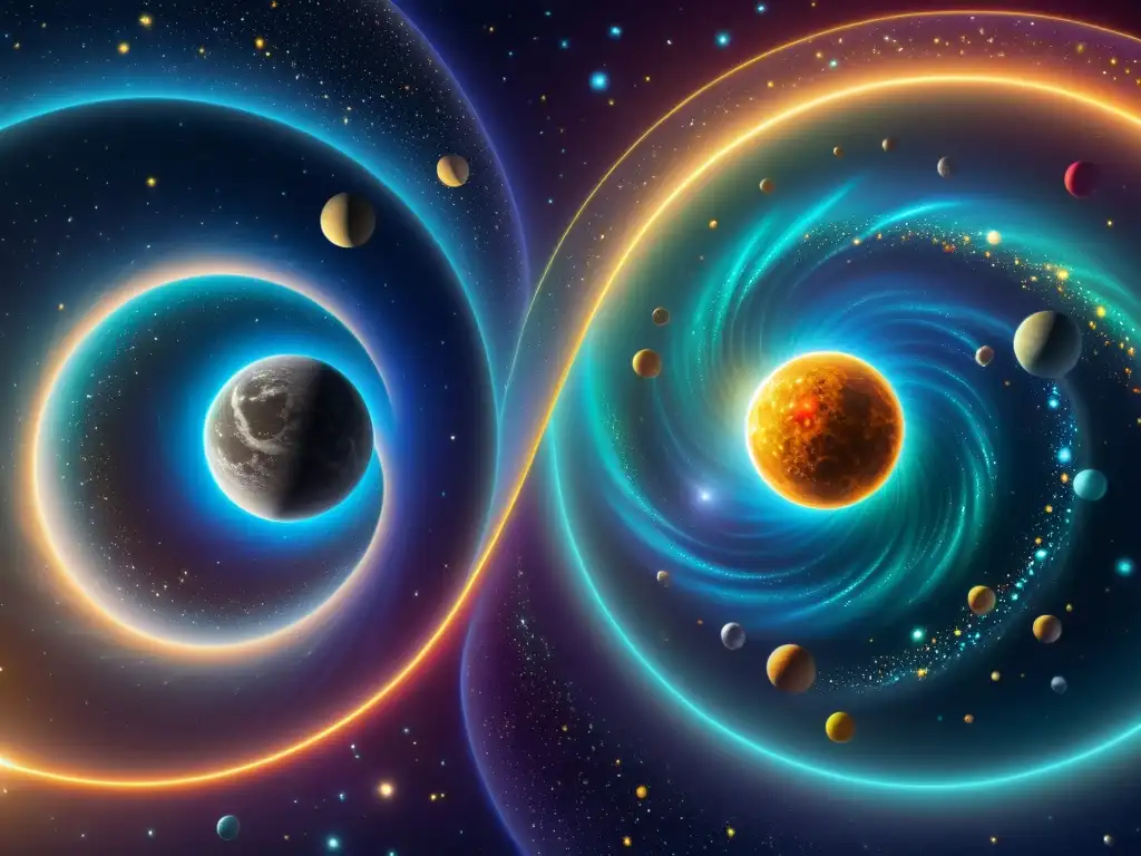 Universos paralelos conectados por un puente iridiscente de energía Dos universos paralelos se conectan por un puente de energía iridiscente, comunicaciones entre universos paralelos en colores vibrantes