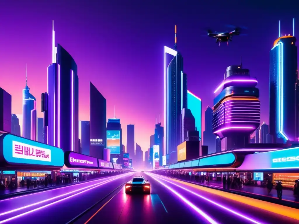 Metrópolis futurista: luces y tecnología en un escenario cyberpunk Una urbe futurista de ciencia ficción con rascacielos iluminados por neón, coches voladores y una atmósfera de realidad desdoblada literatura