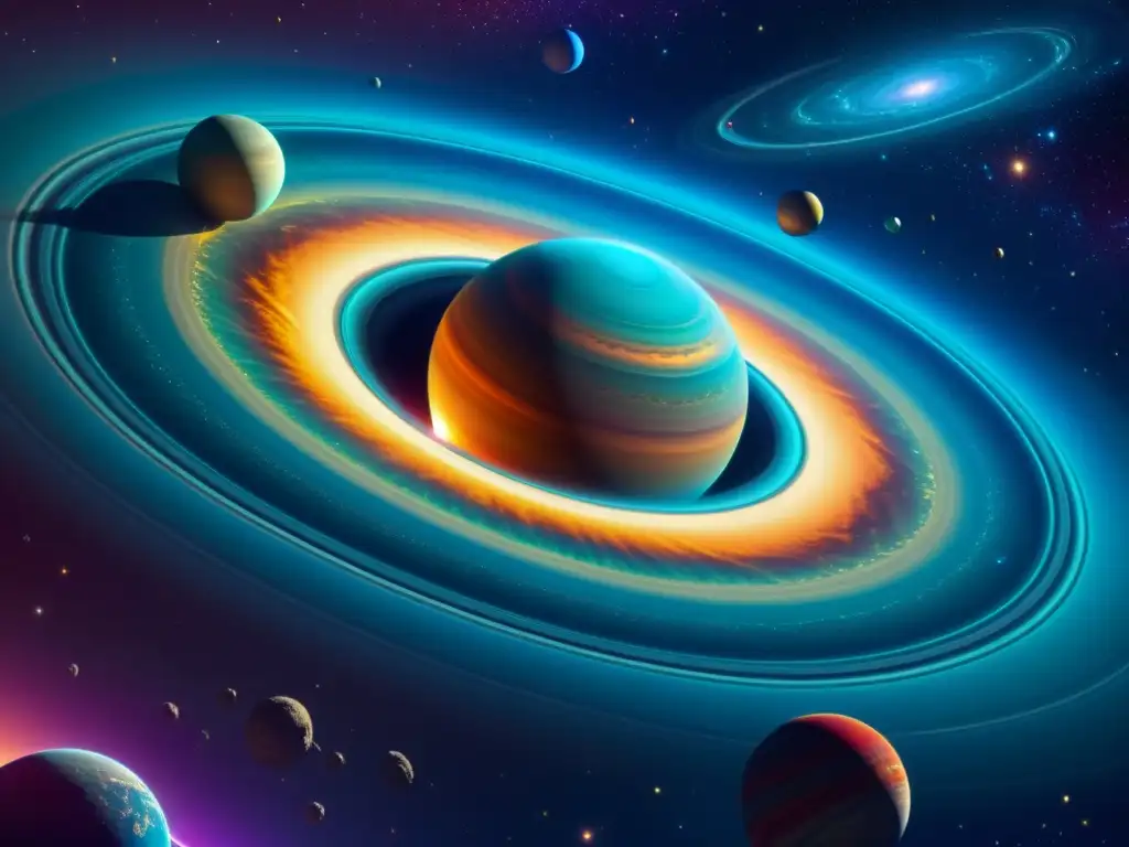 Galaxias en Expansión: Singularidad Brillante y Planetas en Armonía Dentro de un vasto multiverso, una singularidad irradia una luz pulsante, tejiendo un tapiz de galaxias y planetas