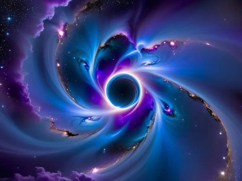 Portales Cósmicos: Universos Paralelos Un vasto y turbulento nebulosa llena el fondo, con brillantes tonos de violeta, añil y celeste fundiéndose en un baile cósmico