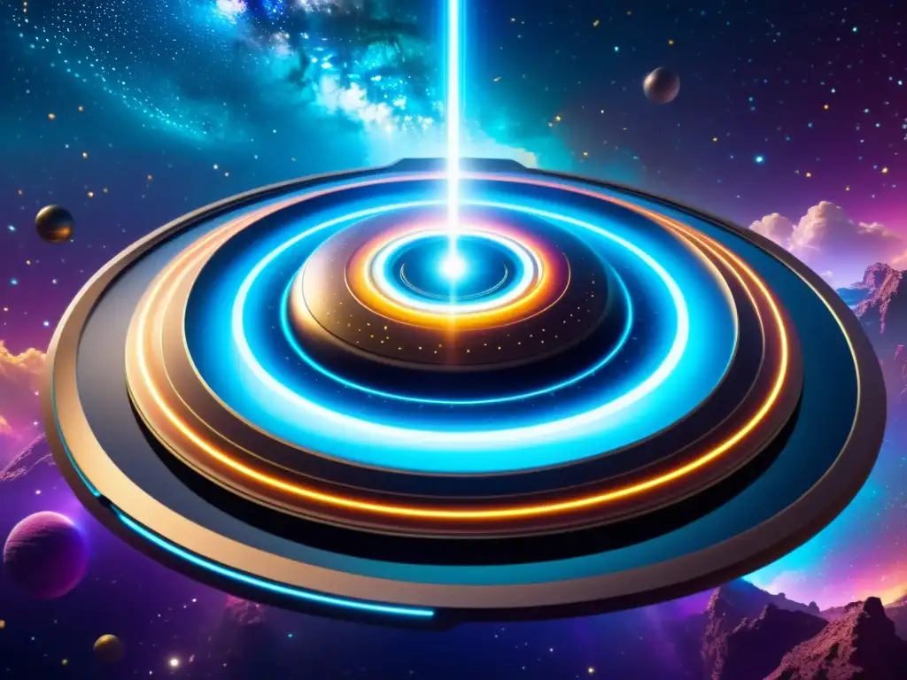 Nave espacial futurista sobre energía cósmica Un vehículo espacial futurista sobre un remolino de energía colorida, rodeado de partículas brillantes e iluminado por una luz dinámica y otro mundo