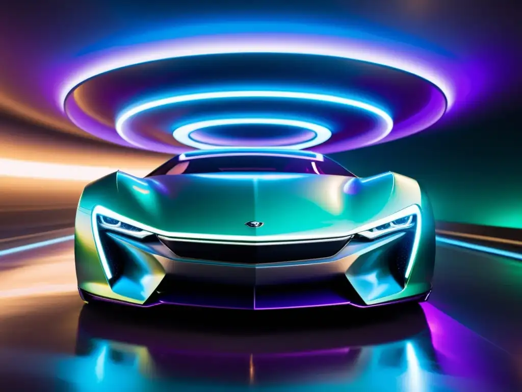 Vehículo futurista se eleva sobre un portal dimensional Un vehículo futurista de materiales clave se eleva sobre un portal interdimensional, rodeado de energía brillante