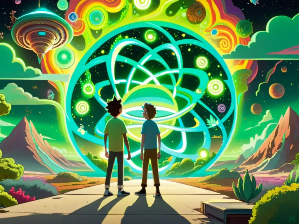 Rick y Morty: Aventura Interdimensional Rick y Morty se preparan para un viaje interdimensional, con un portal vibrante lleno de seres y paisajes únicos