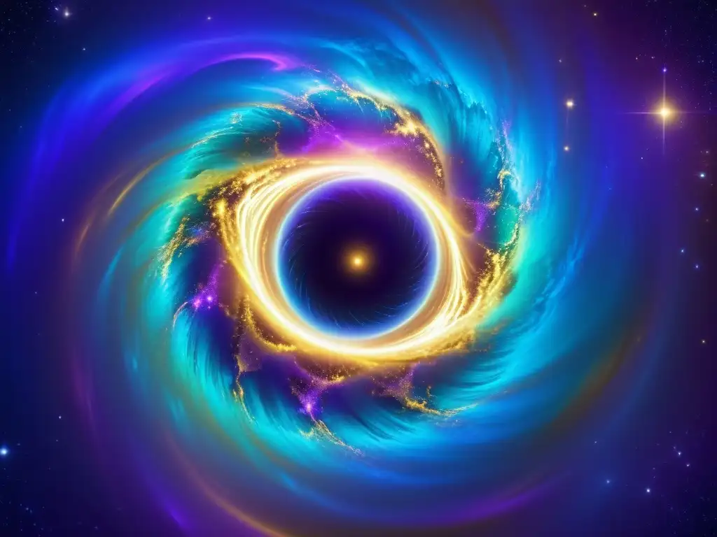 Vórtice iridiscente: portal cósmico en alta resolución Viaje interdimensional a través de agujero de gusano: ilustración digital hipnótica, con colores vibrantes y energía cósmica