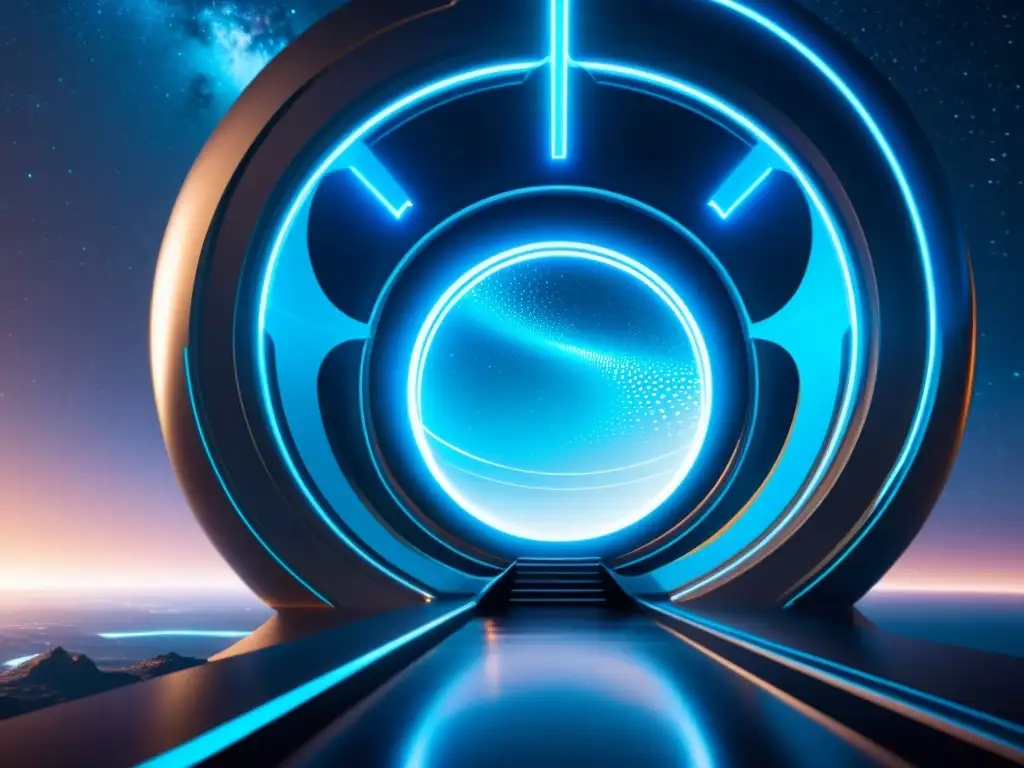 Un viaje interdimensional a través del portal con tecnología avanzada y colores vibrantes