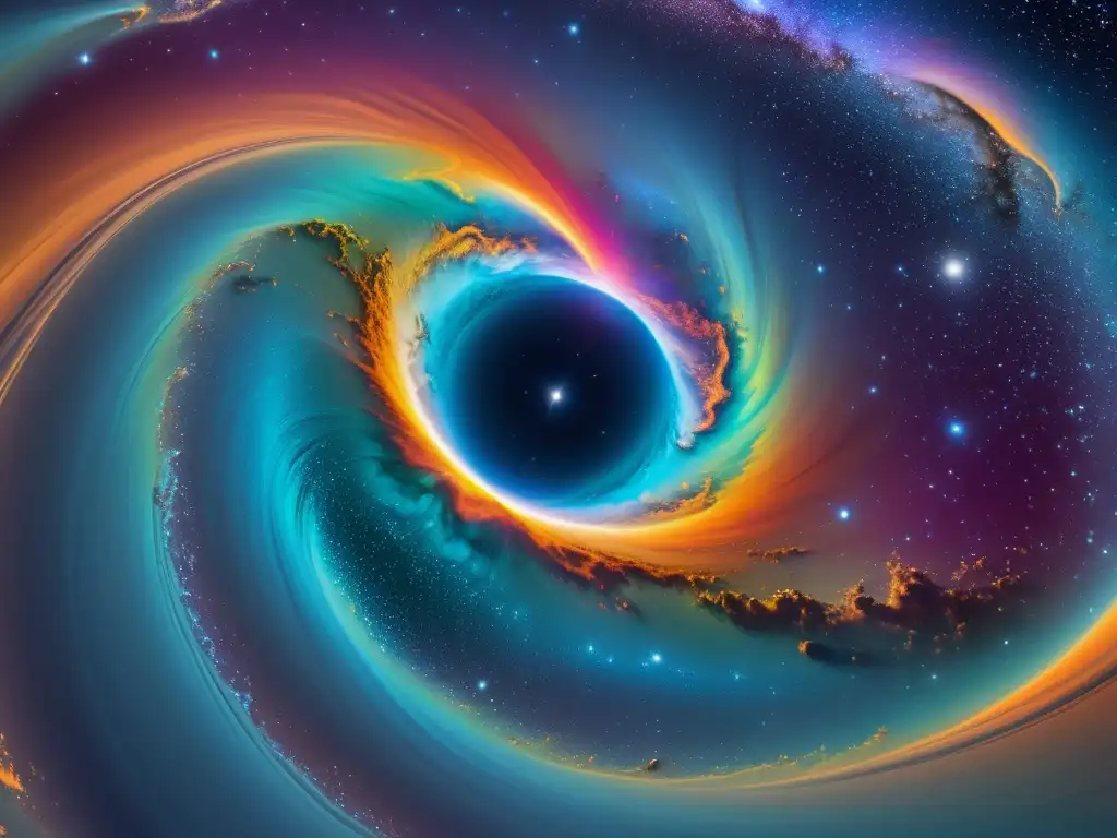 Misterioso agujero de gusano: paisaje alienígena y colores vibrantes Viaje interdimensional a través del vibrante agujero de gusano en el cosmos, revelando un paisaje alienígena misterioso y brillante