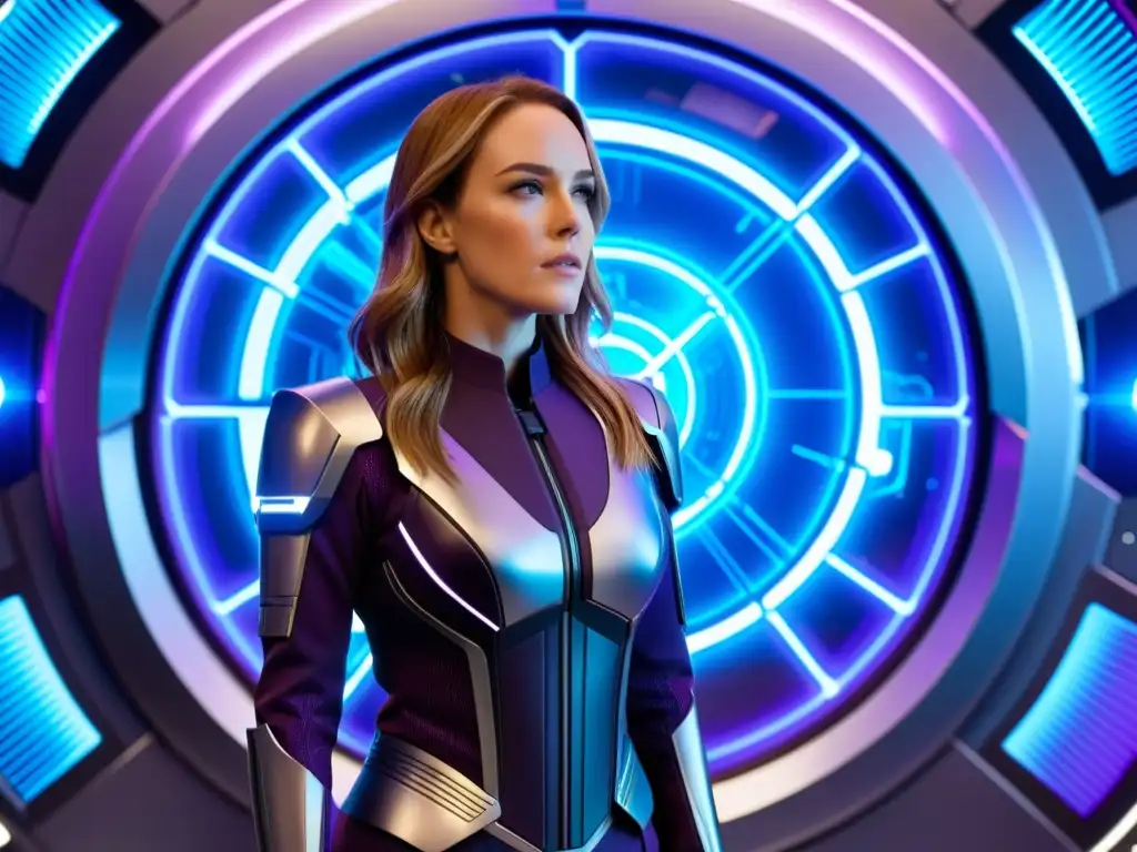 Sarah Lance en el viaje del tiempo: aventuras épicas Sarah Lance evolución viajera tiempo en máquina futurista con energía azul y púrpura, control room tecnológico y paisaje épico