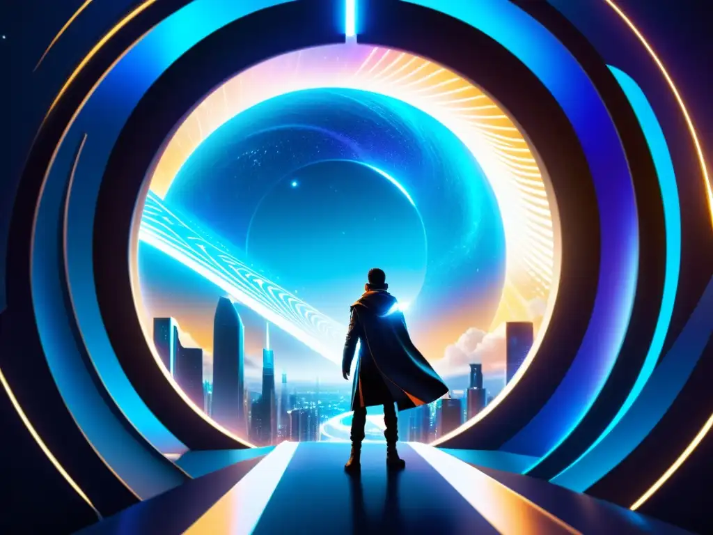 Viajero cósmico atraviesa portal interdimensional hacia futuras ciudades Un viajero cósmico contempla un portal vibrante y futurista, listo para emprender una aventura interdimensional con un artefacto misterioso en mano