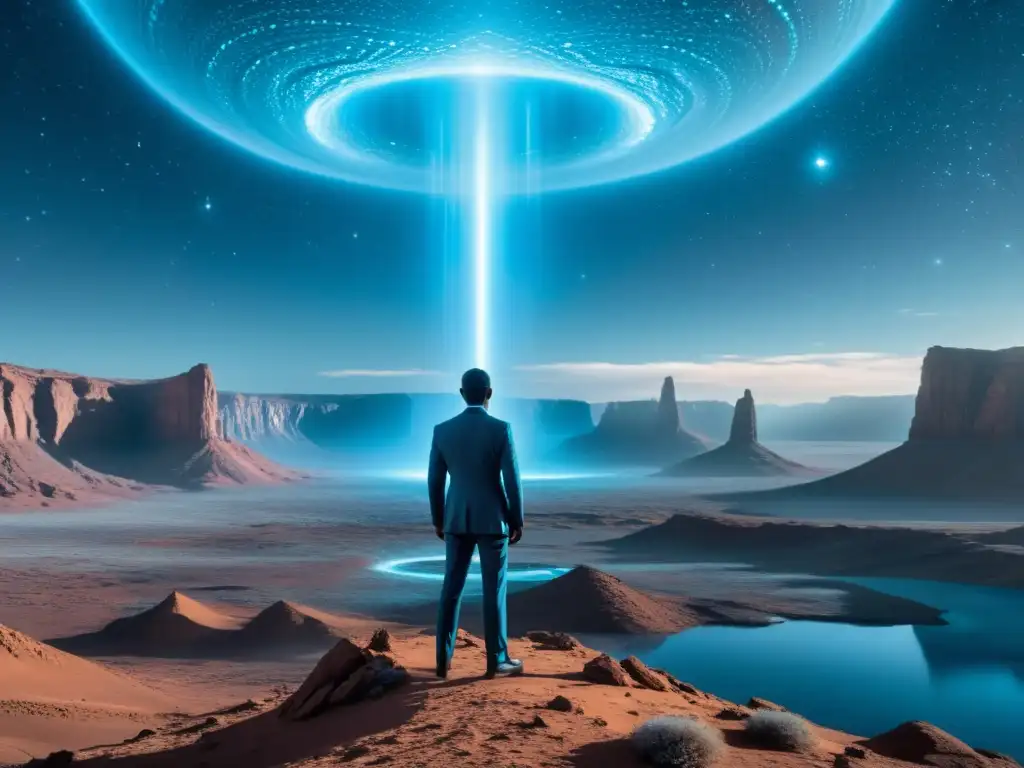Explorador interdimensional en el borde del abismo cósmico Un viajero interdimensional contempla un paisaje alienígena, con el futuro alterado y posibilidades infinitas en el horizonte