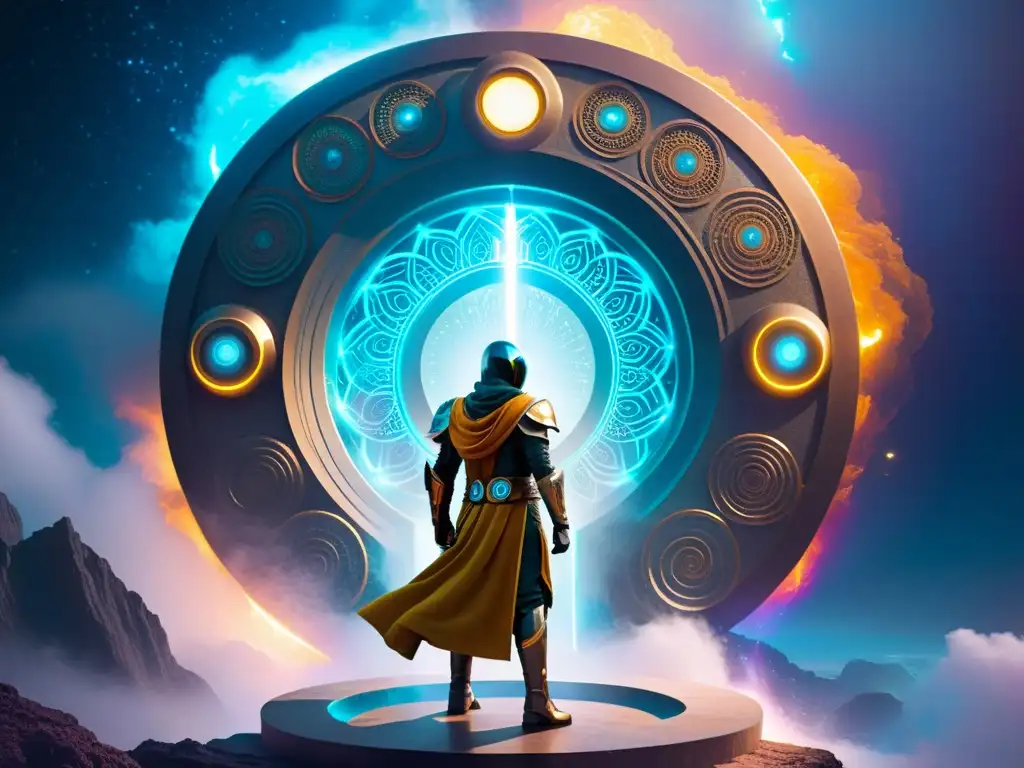 Explorador interdimensional frente al portal de energía Un viajero interdimensional se prepara para adentrarse en un portal lleno de energía, rodeado de símbolos y luces brillantes
