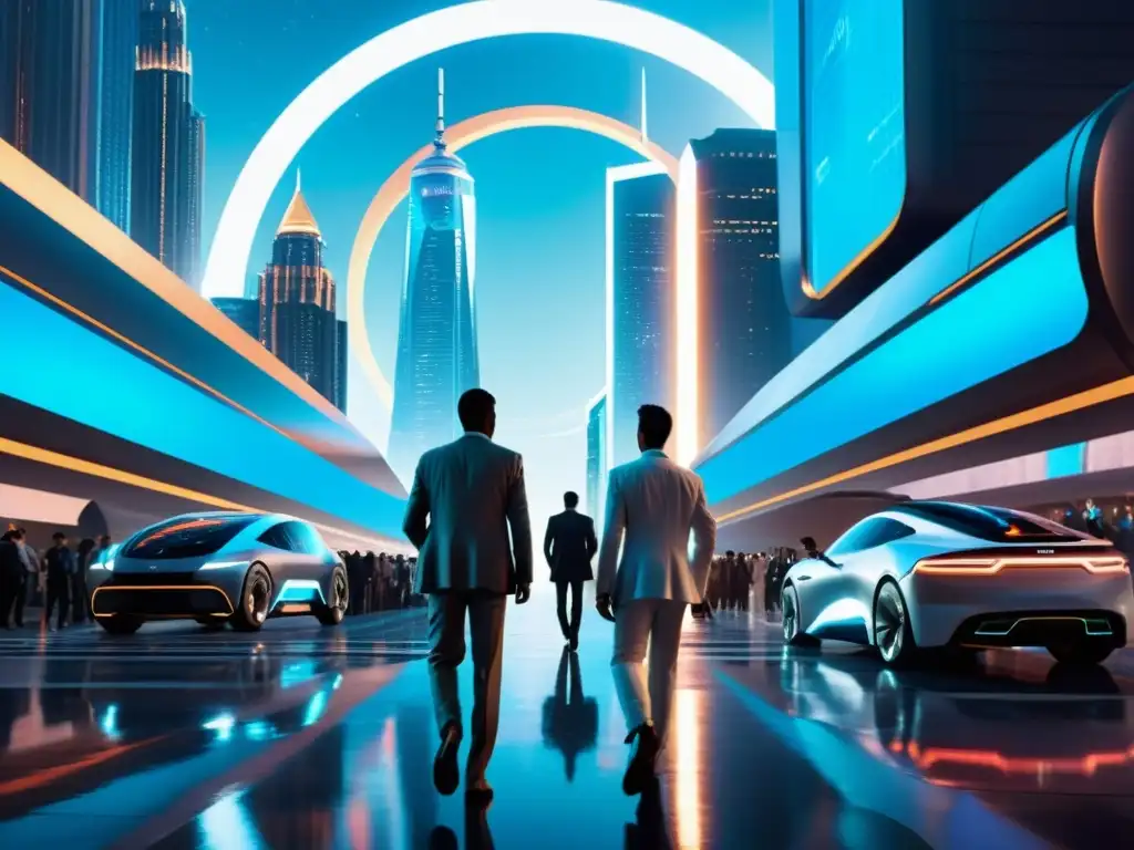 Viajeros del tiempo en ciudad futurista Dos viajeros del tiempo emergen de un portal brillante en una calle futurista