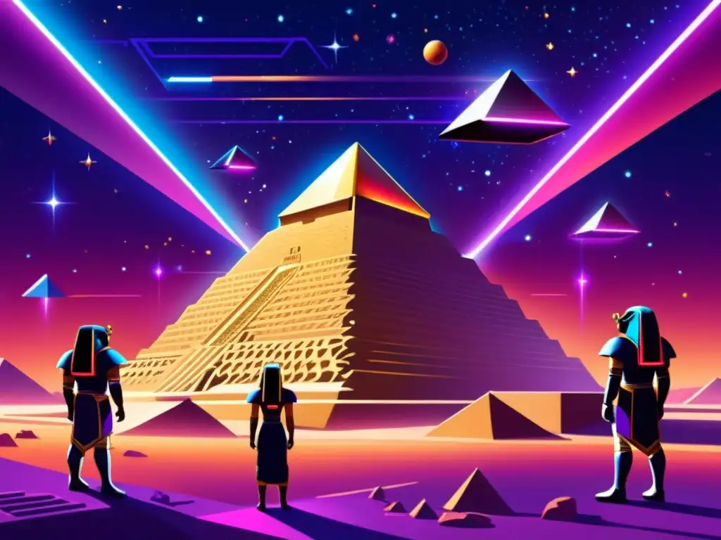 Egipto futurista: pirámides neón y tecnología avanzada Viajes en el tiempo en Egipto: Futurista reinterpretación de las antiguas pirámides con luces neón, tecnología avanzada y un portal rojo brillante
