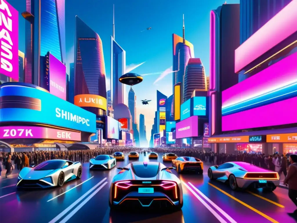 Metrópolis futurista: Calles rebosantes de vida y portales dimensionales Vibrante calle futurista con rascacielos, autos voladores y hologramas, sugiriendo encuentros con dobles en universos