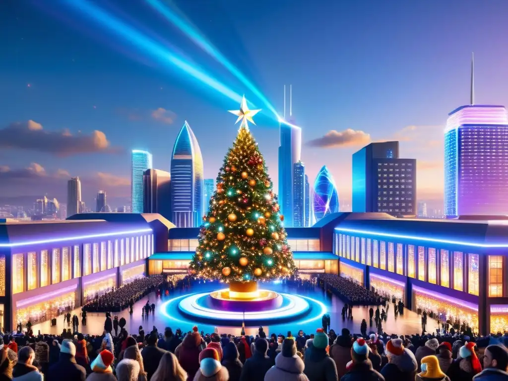 Espectacular ciudad futurista con decoraciones navideñas holográficas Vibrante ciudad futurista con decoraciones navideñas holográficas, espectáculo de luces y árbol de Navidad luminoso