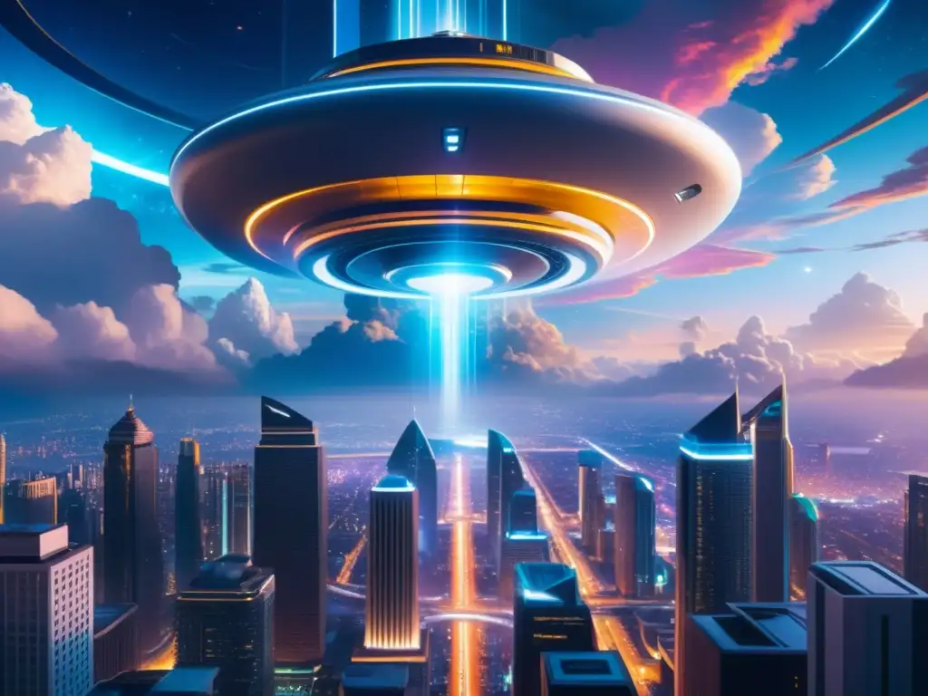 Metrópolis futurista: portales interdimensionales y naves espaciales Vibrante ciudad futurista con exploración interdimensional, suscitando sentimientos encontrados y asombro