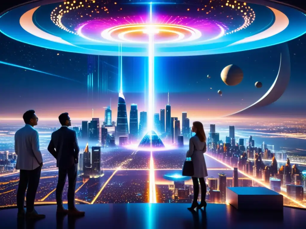 Metrópolis futurista con energía interdimensional Vibrante ciudad futurista con generadores de energía interdimensional y científicos analizando teorías energía libre interdimensional