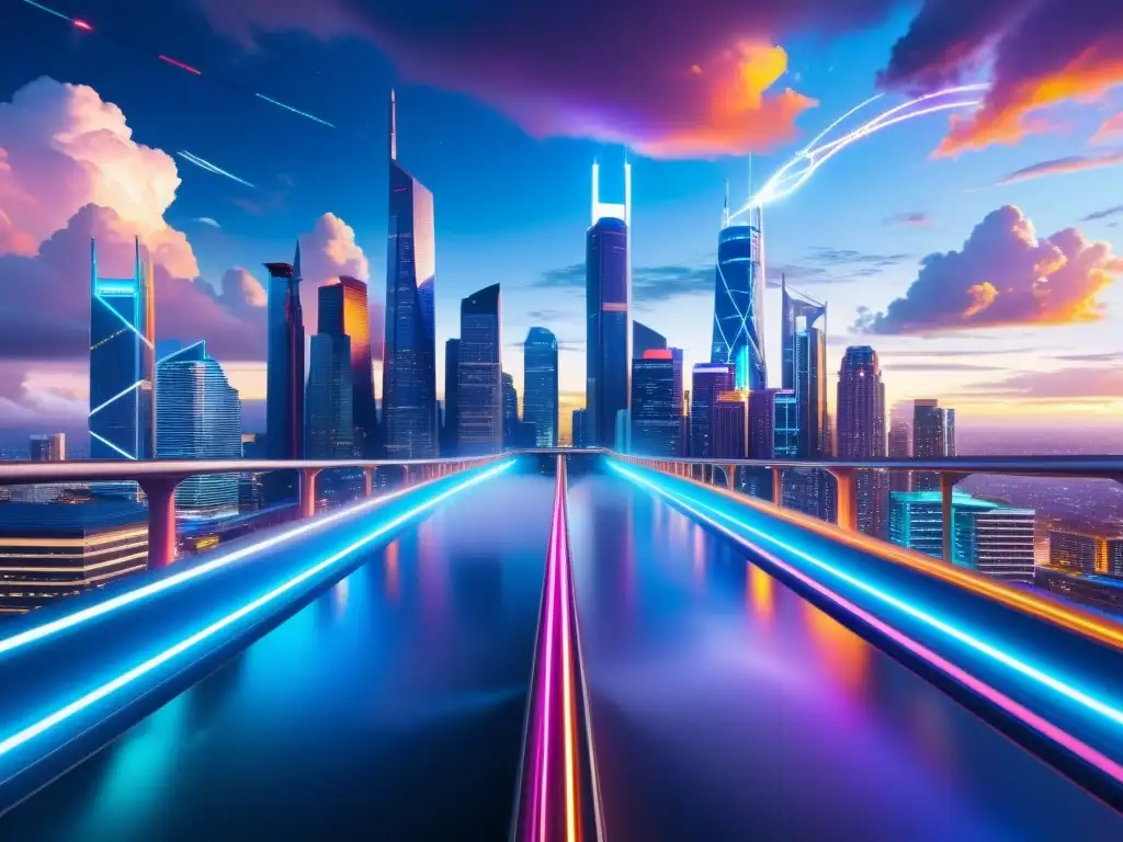Metrópolis futurista: cielos interconectados y universos paralelos Vibrante ciudad futurista con múltiples universos paralelos, inspirada en Nietzsche realidades múltiples universos paralelos