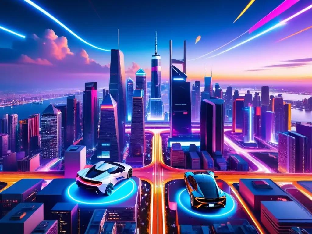 Metrópolis futurista: luces neón y universos paralelos en 8k Vibrante ciudad futurista de noche, con edificios iluminados por luces neón