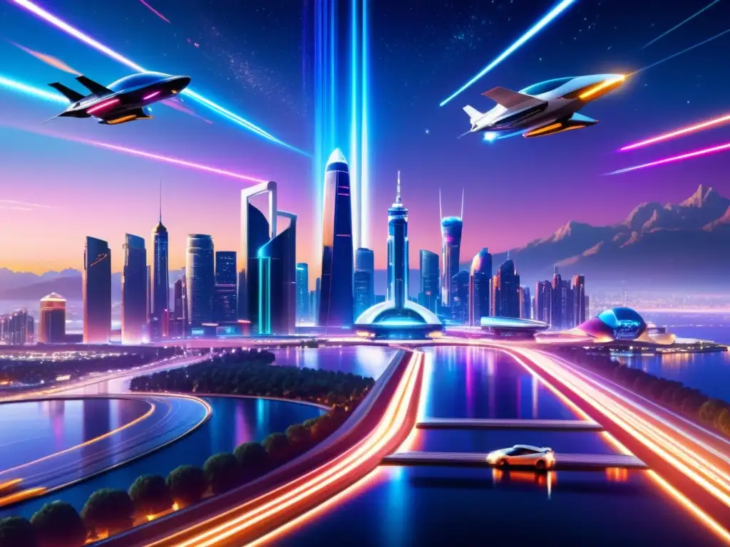 Metrópolis futurista: luces, coches voladores y espacio Vibrante ciudad futurista de noche con rascacielos iluminados por luces de neón y autos voladores