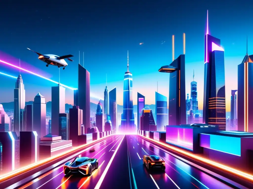 Metrópolis futurista: vibrante y multicultural a 8k Vibrante ciudad futurista de noche, con luces neón y hologramas