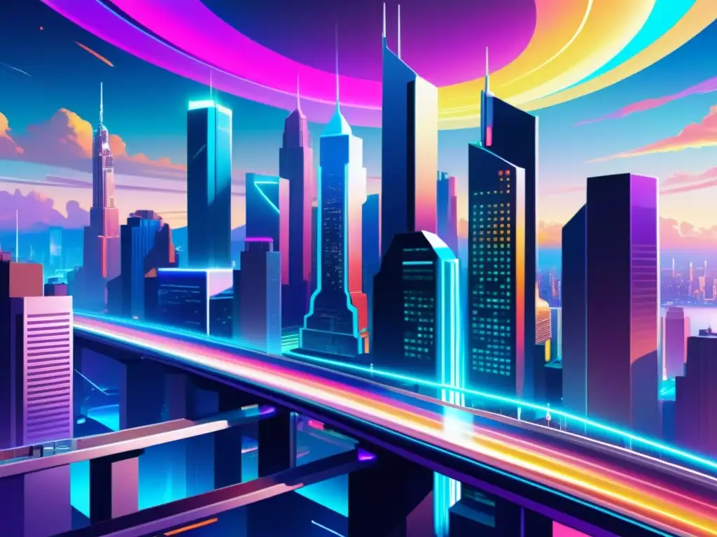 Cityscape futurista con personajes de Rick y Morty Vibrante ciudad futurista con personajes de Rick and Morty, capturando la esencia de viajes interdimensionales en la serie