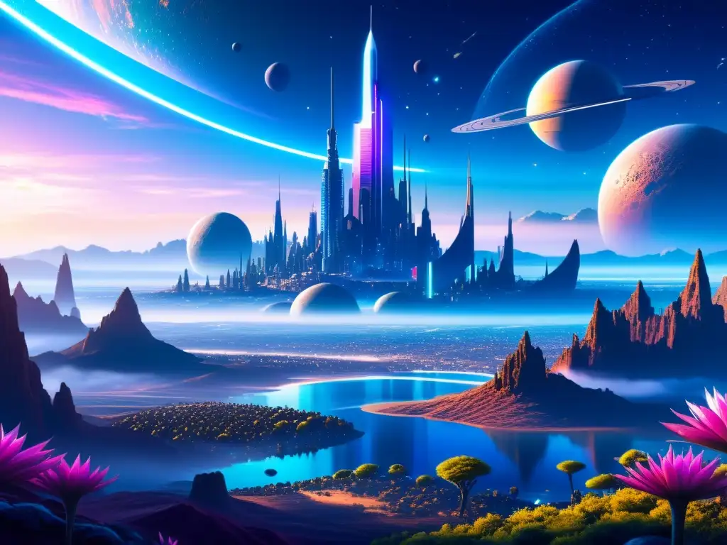 Vibrante ciudad futurista en planeta alienígena con tecnología avanzada y paisajes intergalácticos