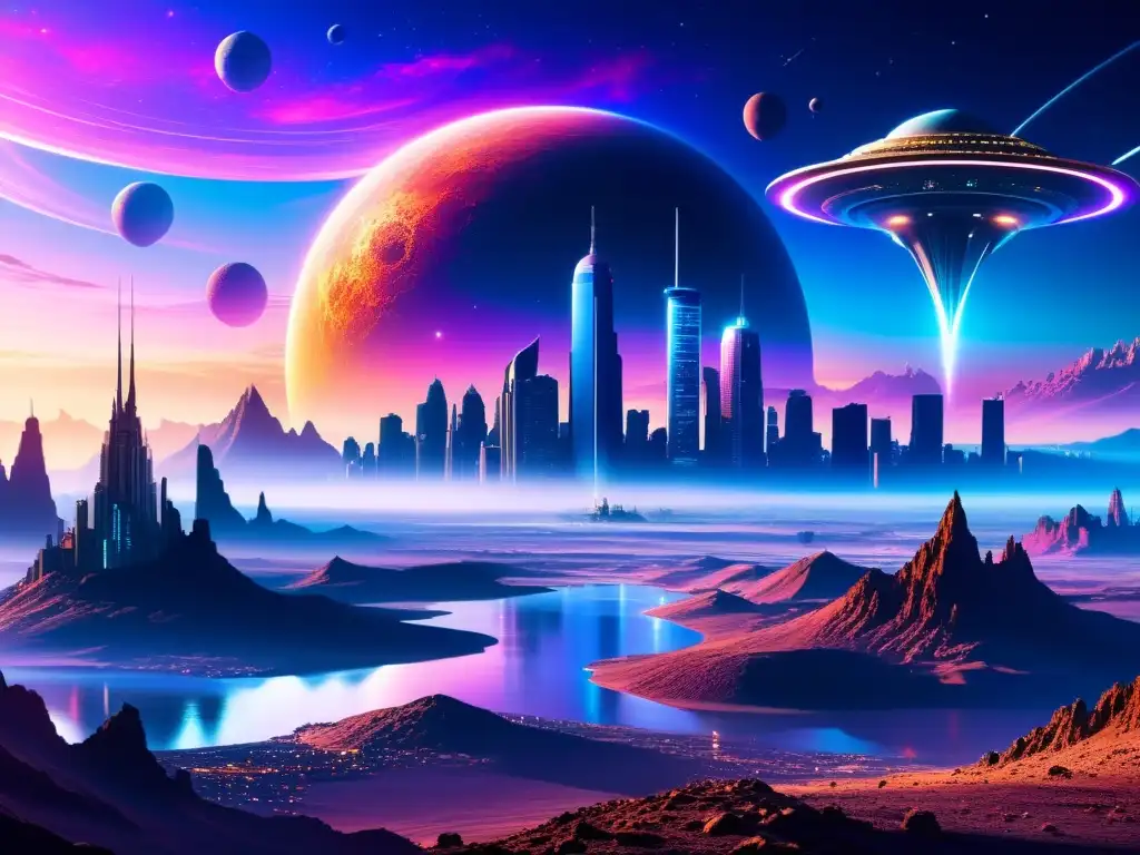 Metrópolis futurista en planeta alienígena: paisaje asombroso Vibrante ciudad futurista en un planeta alien, con rascacielos y naves espaciales