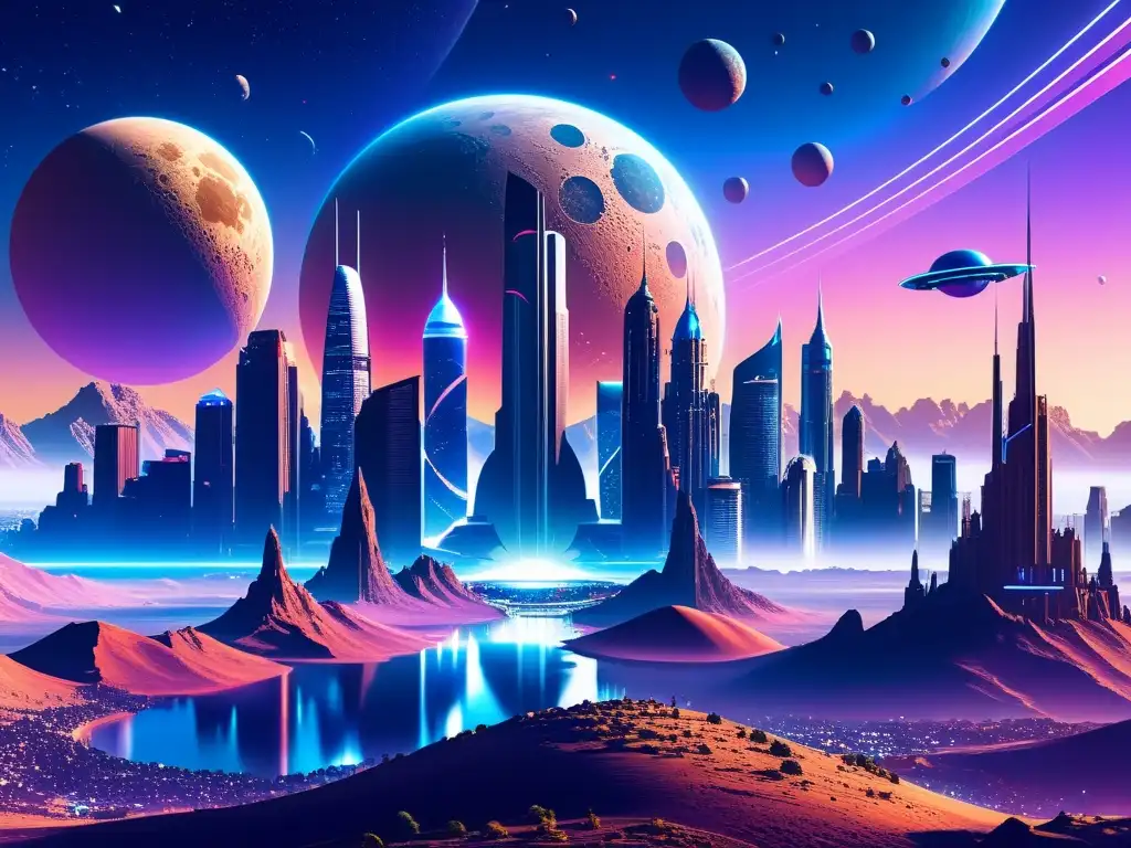 Metrópolis Futurista en Planeta Alien: 8k Panorámica Vibrante ciudad futurista en planeta alienígena con Interpretación de realidades alternas Heidegger