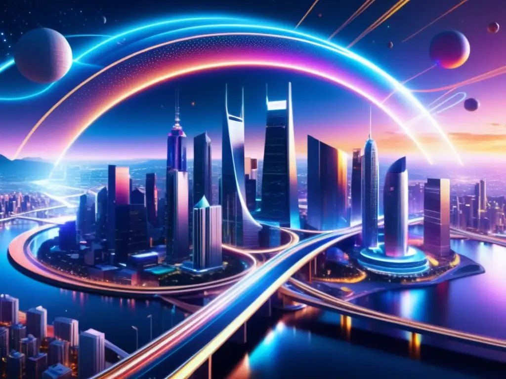 Metrópolis futurista: arquitectura avanzada y puentes de energía en 8k Vibrante ciudad futurista con puentes de energía y fenómenos cósmicos, representa dimensiones ocultas teoría de cuerdas