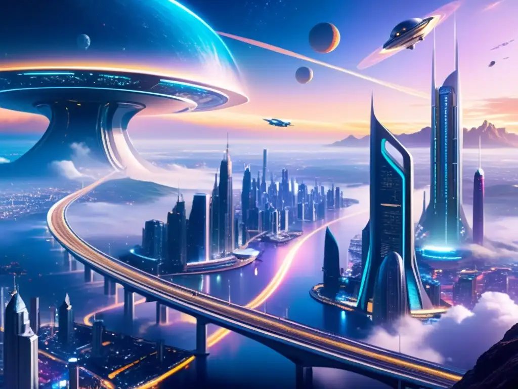 Metrópolis futurista: Skyscrapers, naves espaciales y vida alienígena Vibrante ciudad futurista con rascacielos, naves espaciales y seres de distintos mundos