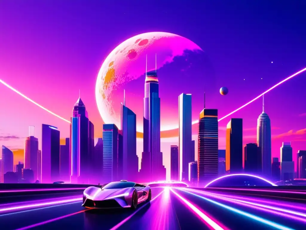 Metrópolis futurista: luces neón y rastros de luz en la ciudad Vibrante ciudad futurista con rascacielos brillantes, autos voladores y un cielo de tonos morados, evocando un Viaje de Alice universos alternativos