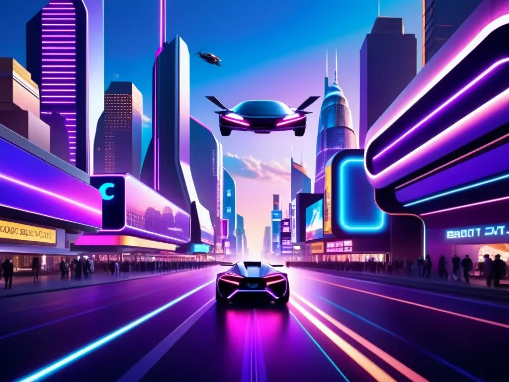 Metrópolis futurista: torres holográficas y autos voladores Vibrante ciudad futurista con rascacielos, hologramas y tecnología avanzada, evocando un viaje de Alice universos alternativos